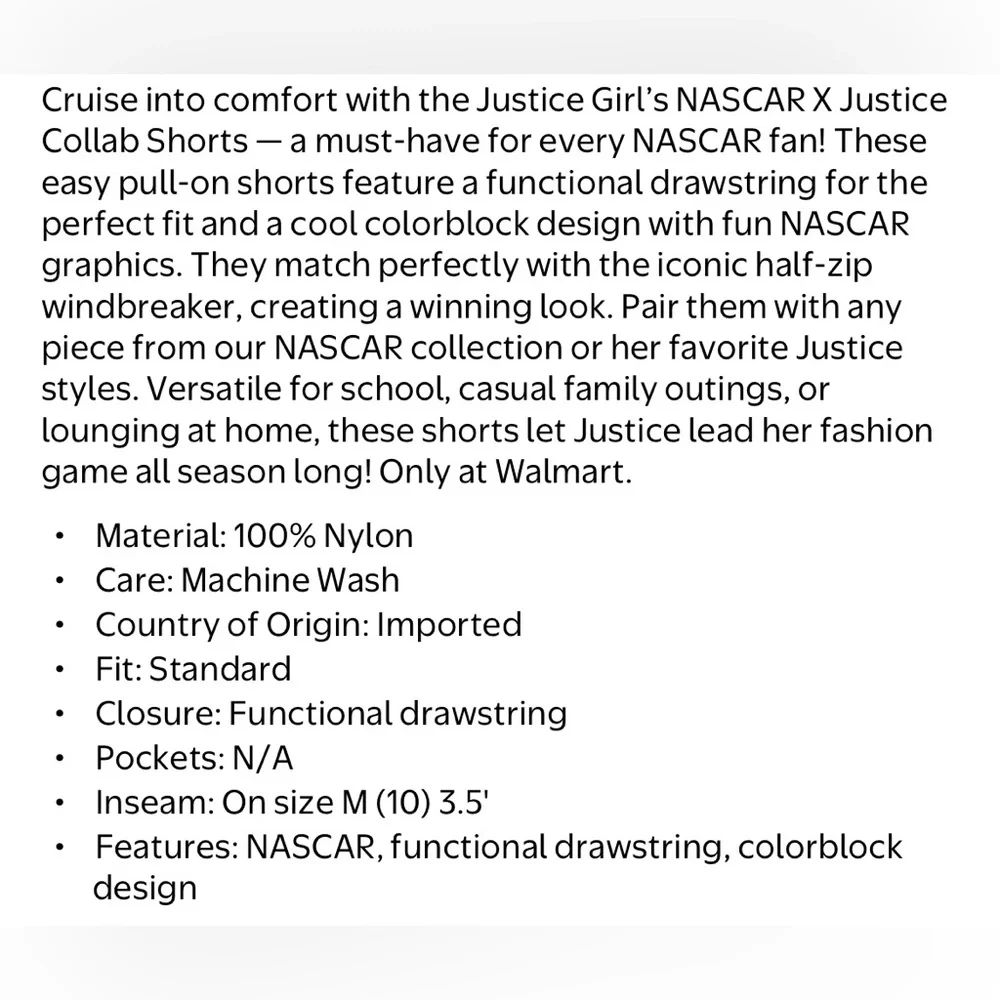 Justice x NASCAR Girls Windbreaker Shorts Black Pink Size S‎ 7/8 NWT